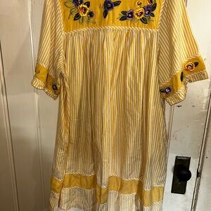 Bechamel Yellow and White Striped house Dress with Floral Accents